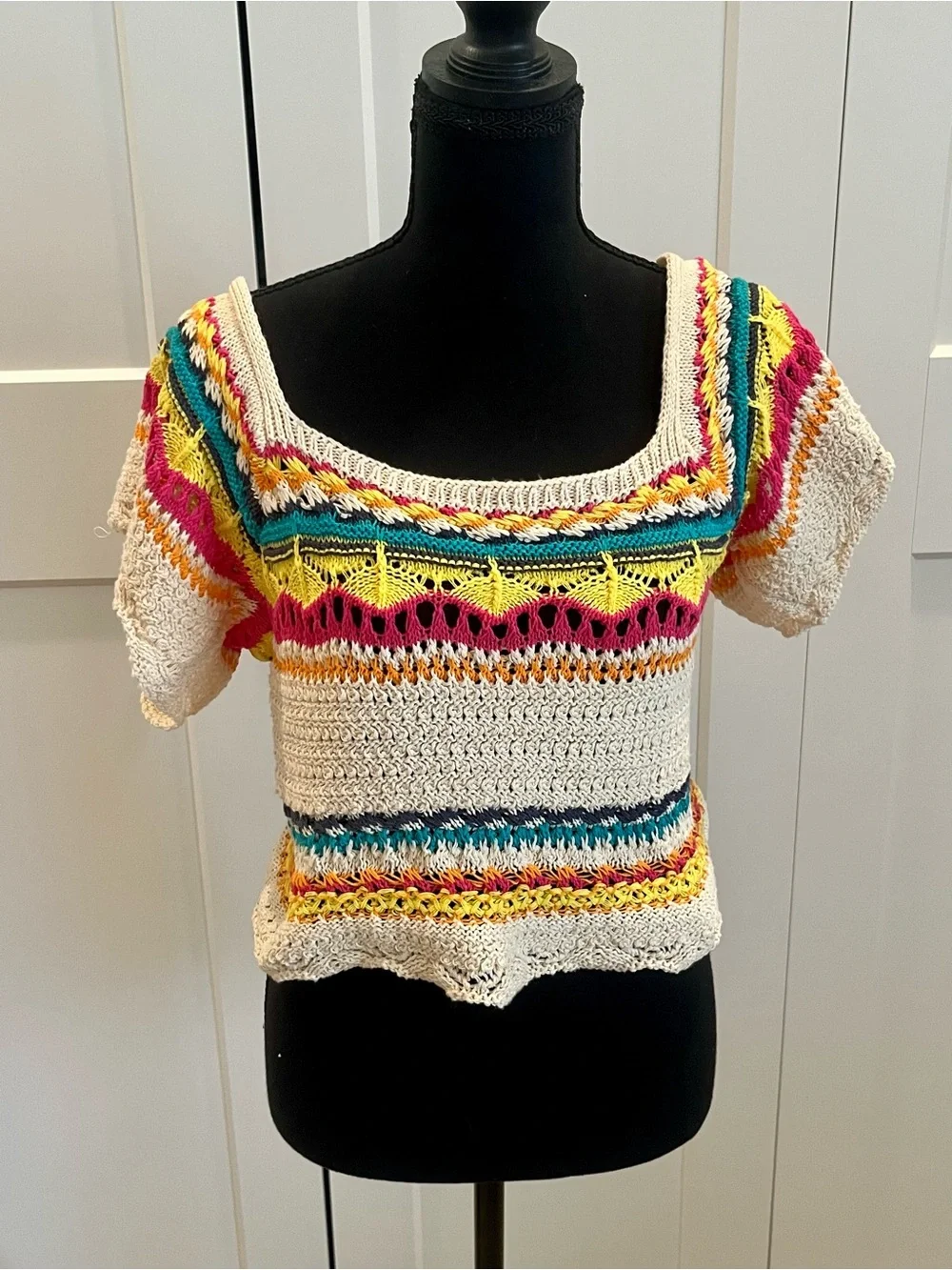 NWT Zara Cream Crochet Crop Top with Bright Multicolor Stripes Bohemian Hippie